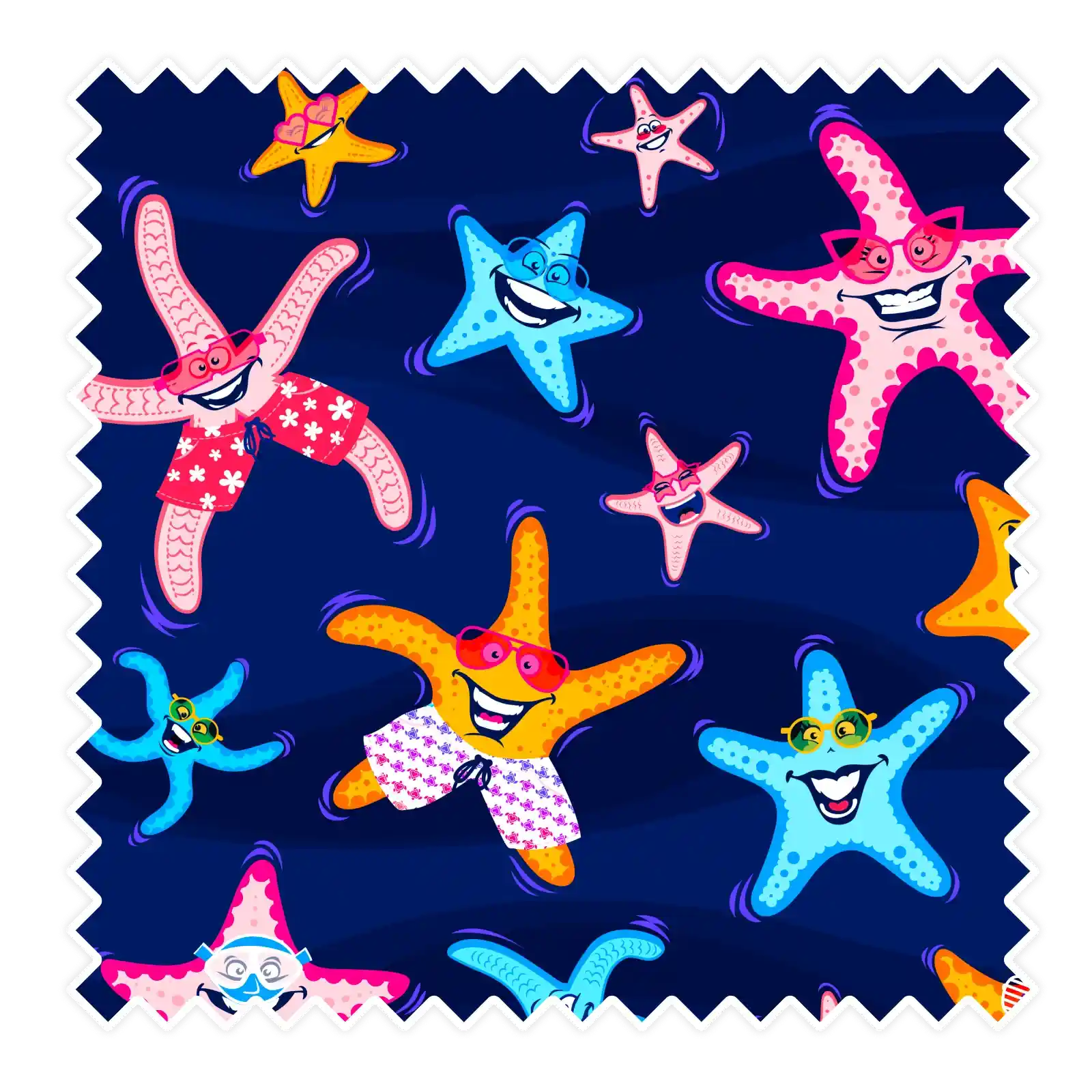 Nachhaltige Badehose aus recyceltem Material – Muster Super Starfish von Noah*s Ocean.