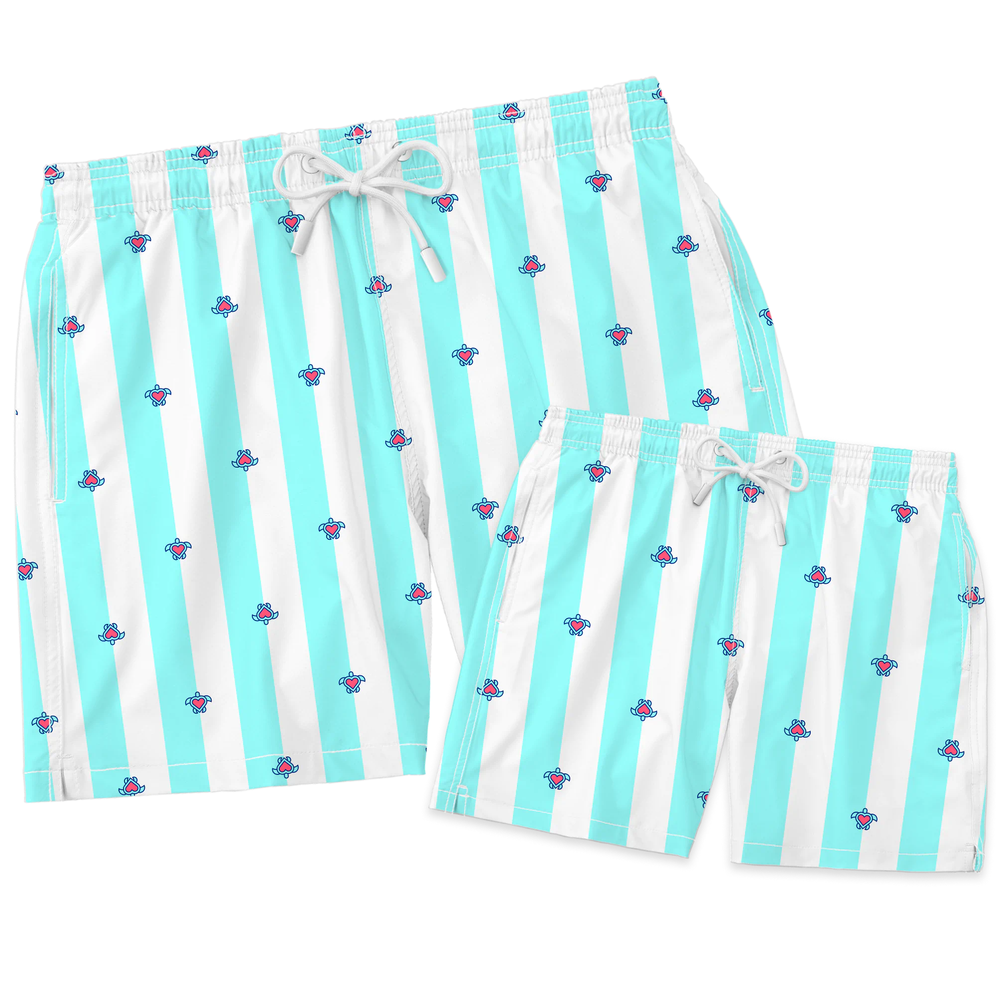 Nachhaltiges Badehosen-Bundle für Herren und Kinder aus recyceltem Material – Modell Turtles love lines von Noah*s Ocean.