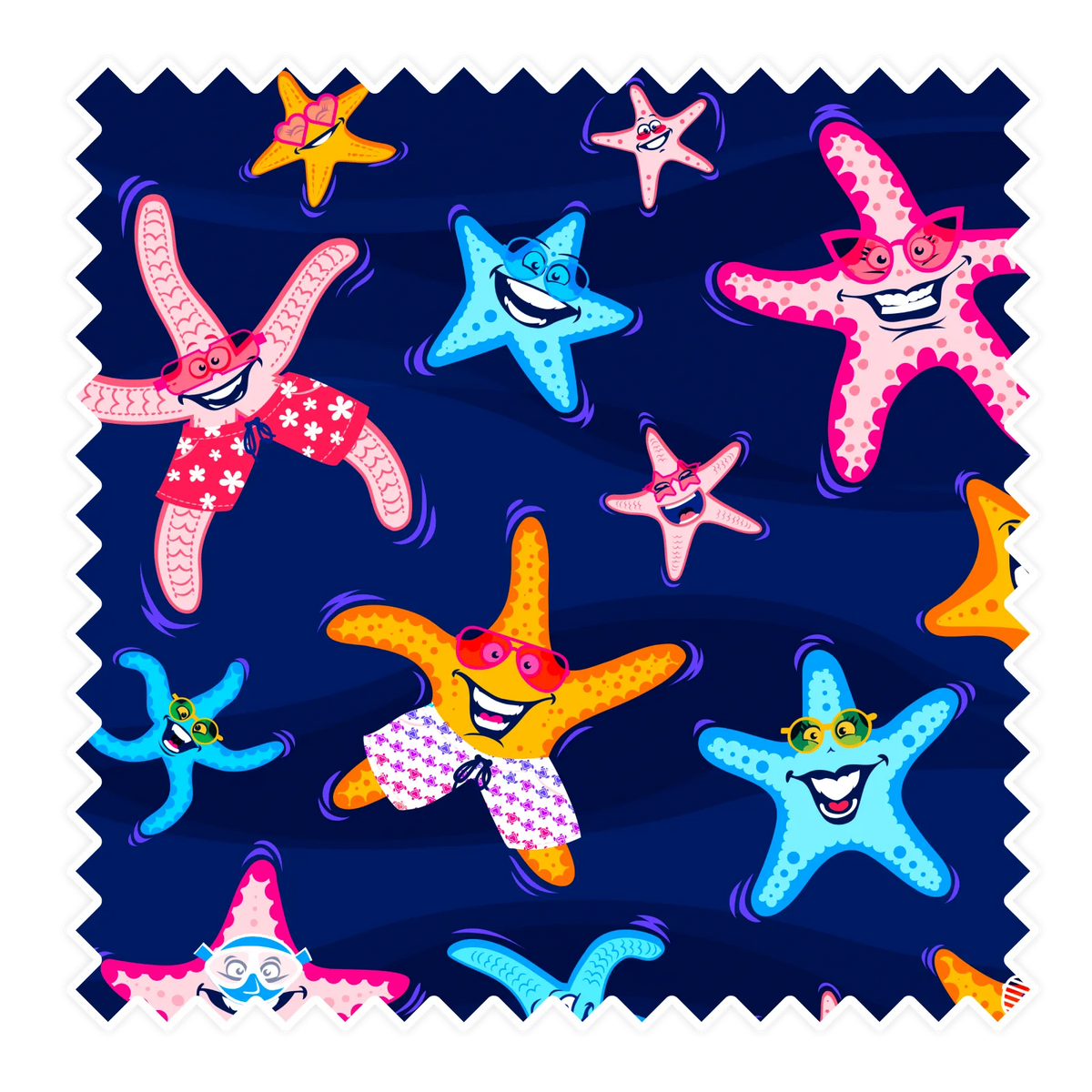 Nachhaltige Badehose aus recyceltem Material – Muster Super Starfish von Noah*s Ocean.