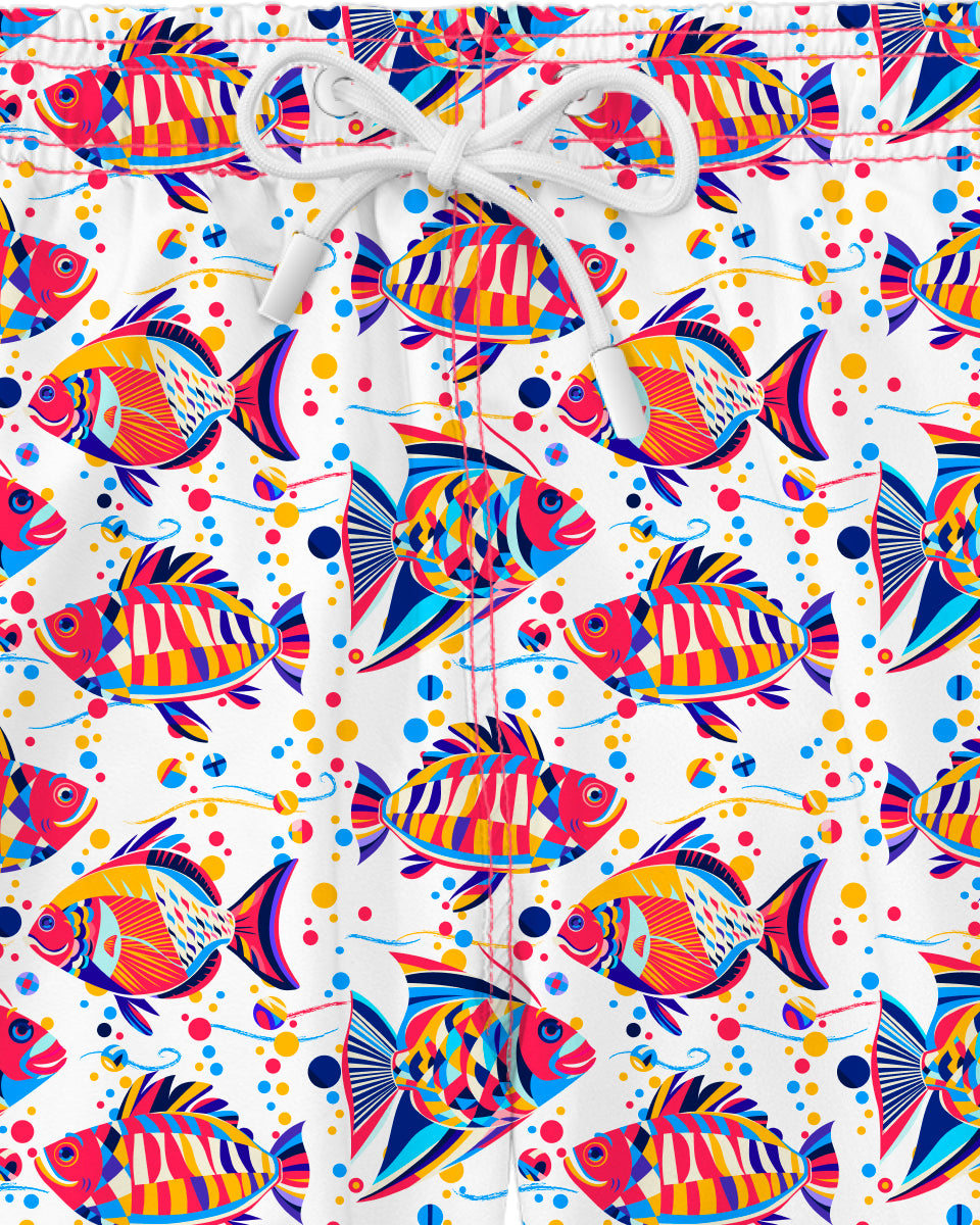 Stoff-Detail der Funky Fish Badehose aus recyceltem PET, Noah*s Ocean
