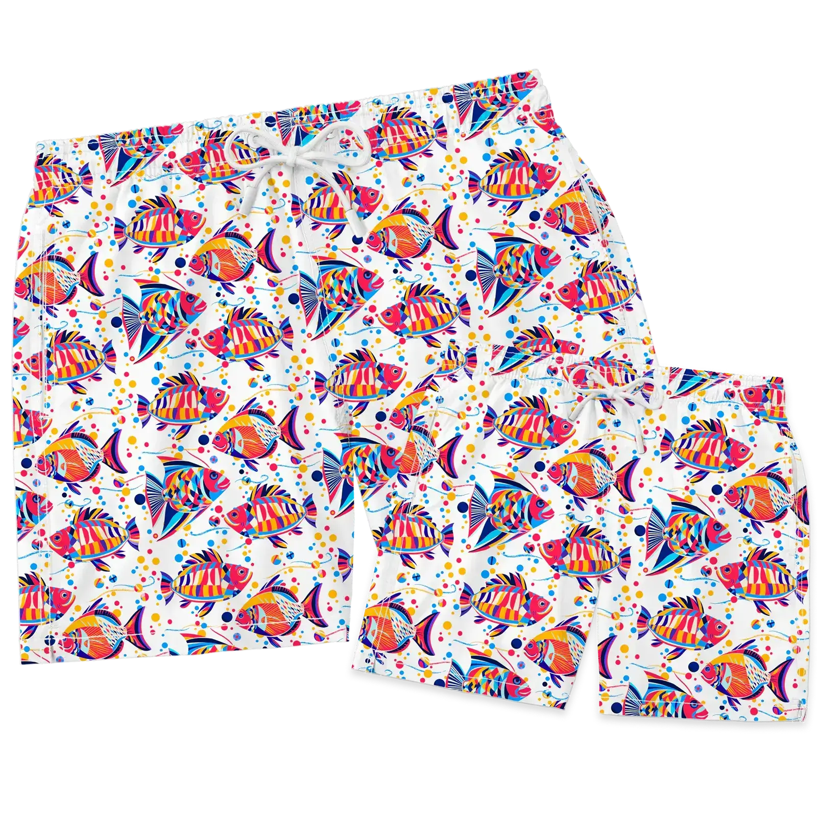 Nachhaltiges Badehosen-Bundle für Herren und Kinder aus recyceltem Material – Modell Funky Fish von Noah*s Ocean.