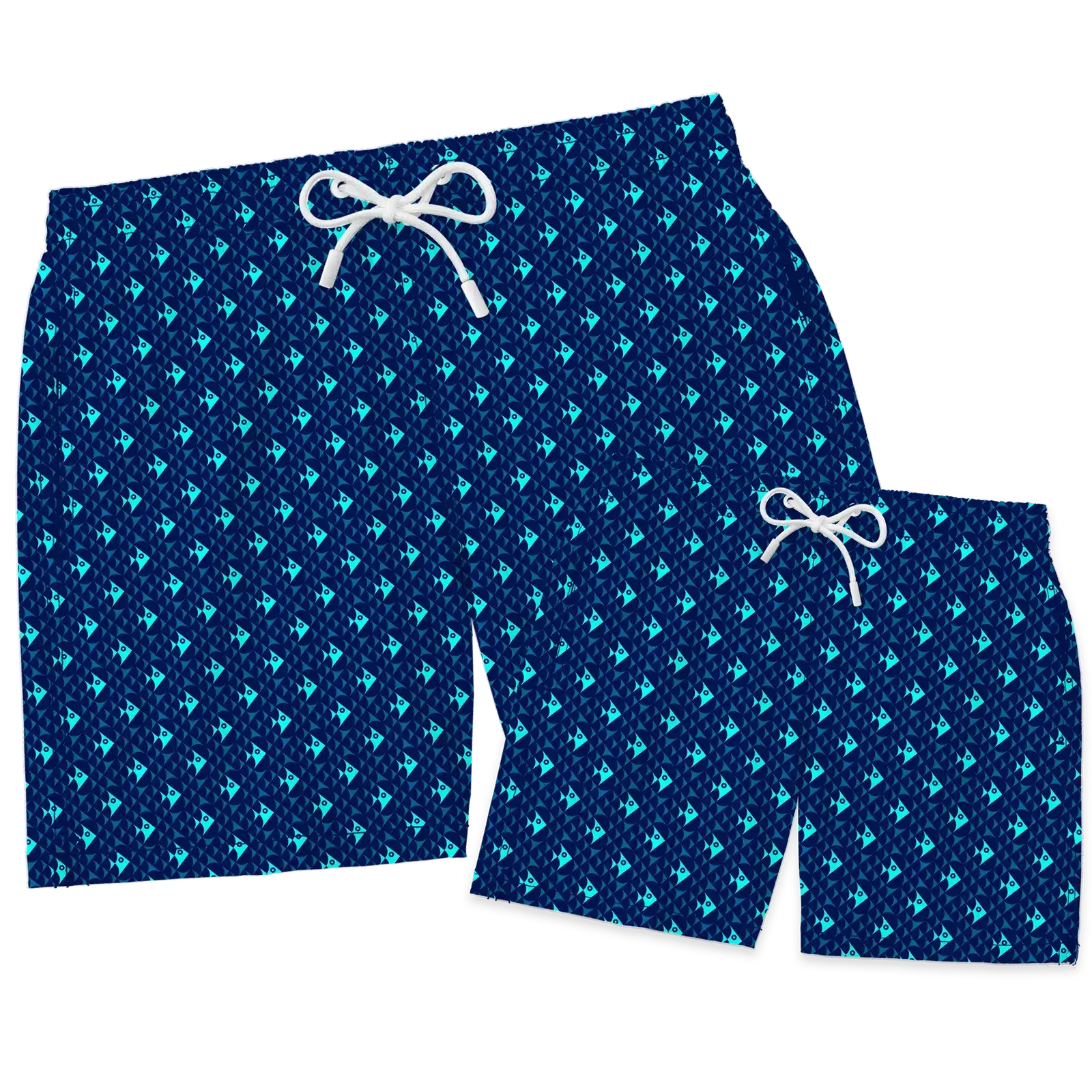 Nachhaltiges Badehosen-Bundle für Herren und Kinder aus recyceltem Material – Modell Gorgeous GeoFish von Noah*s Ocean.