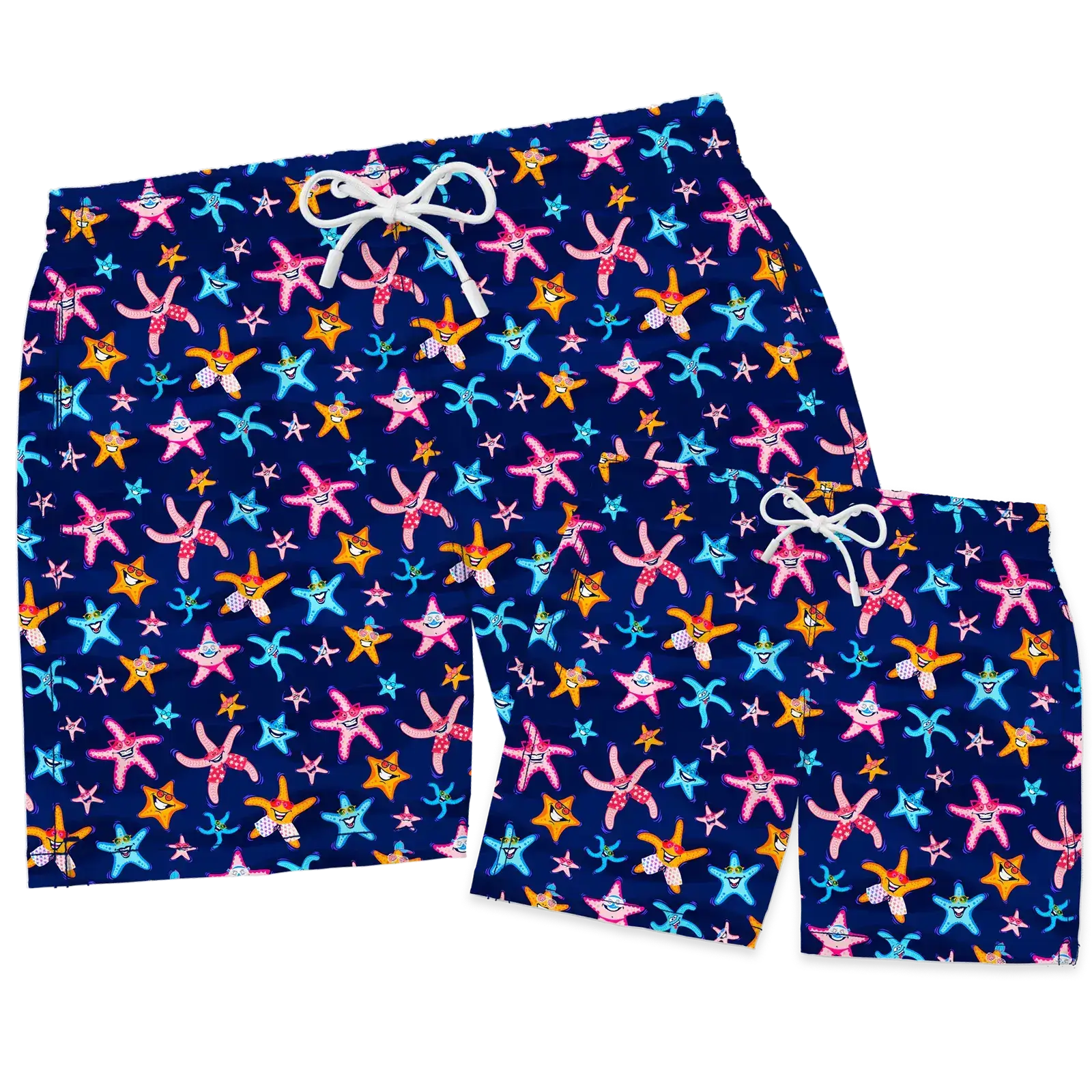 Nachhaltiges Badehosen-Bundle für Herren und Kinder aus recyceltem Material – Modell Super Starfish von Noah*s Ocean.